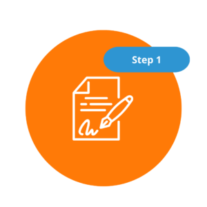 Health Information Management Icon of a document and pen with "Step 1" label on an orange circle background.