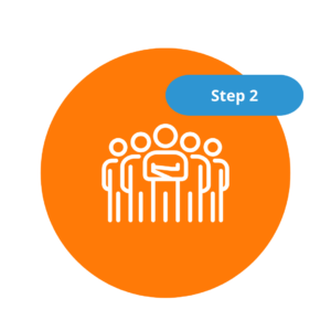Health Information Management Icon of a group of people with one speaking, in an orange circle, labeled 'Step 2'.