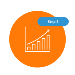 Health Information Management Icon of a rising bar graph inside an orange circle with a "Step 3" label above in a blue bubble.